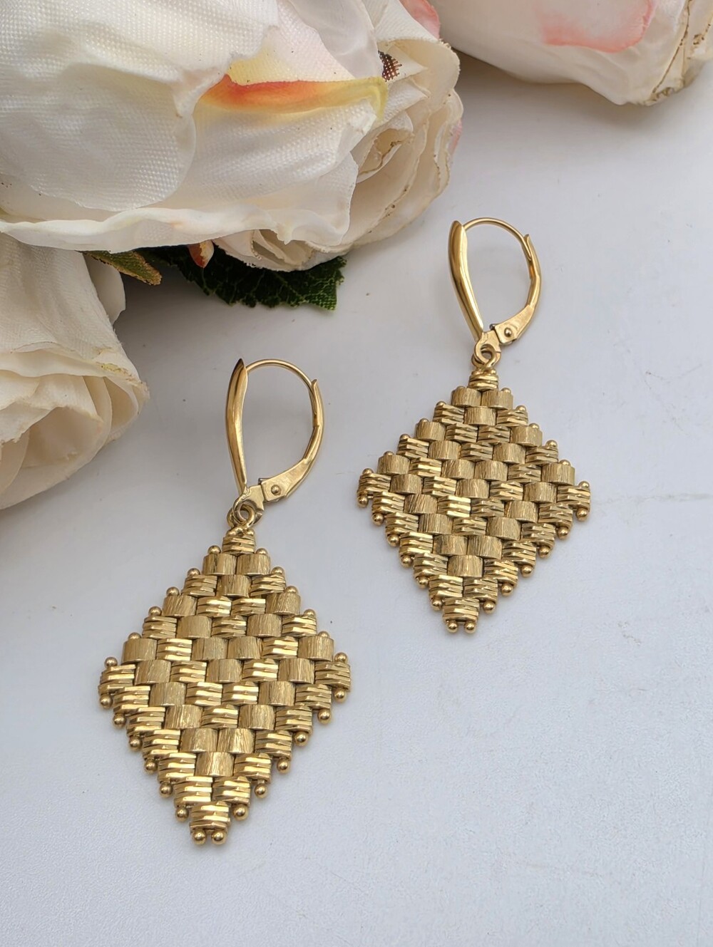 VTG 14K Yellow Gold Imperial Woven Basket Weave Diamond Drop Earrings 7.86g